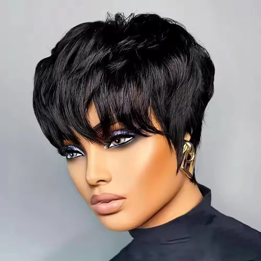 OYM HAIR Pixie-Cut-Perücke für Damen, Schwarz, Echthaar mit Pony - Bild 5
