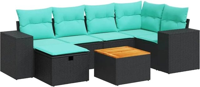 vidaXL 7-teilige Garten-Sofagarnitur in L-Form mit Kissen und Couchtisch, Schwarz, Poly-Rattan mit Metallgestell - Bild 1