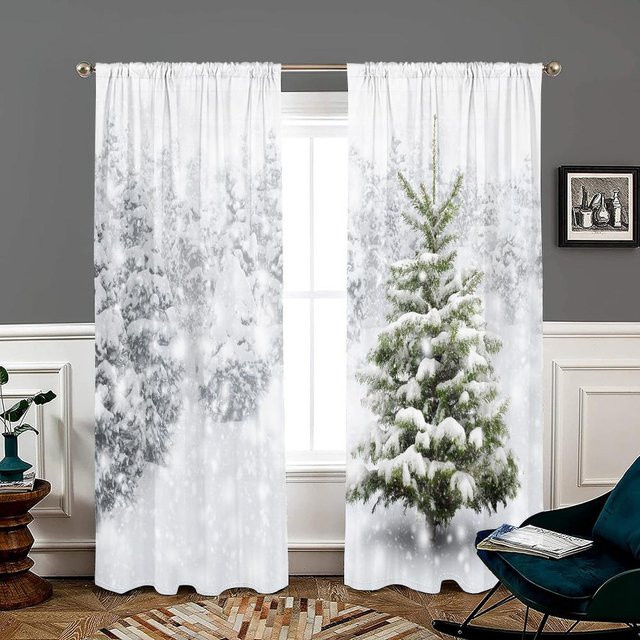 2er-Set Weihnachtsbäumchen und Schneeflocken Vorhänge in Weiß, semi-transparent, B: 150 cm, H: 166 cm - Bild 1