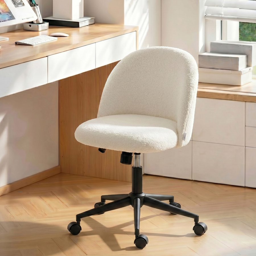 HOMCOM Schreibtischstuhl in Creme mit Teddyfleeceoptik, höhenverstellbarer Bürostuhl mit Wippfunktion und Rollen - Bild 2