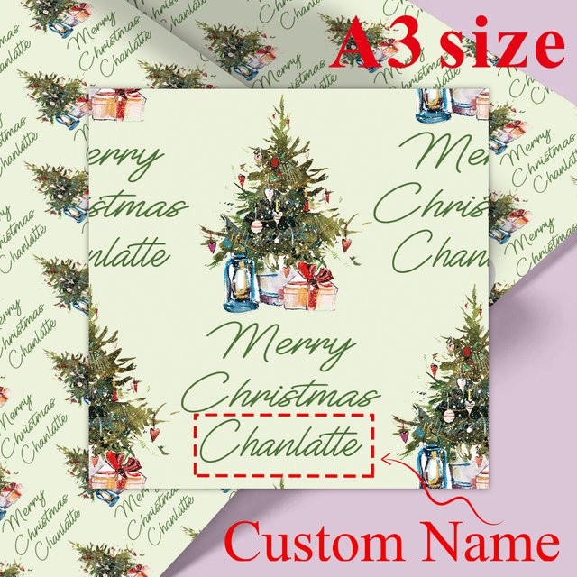 3 Stück personalisiertes weihnachtliches Geschenkpapier mit Namen und Weihnachtsbaum in Weiß für deine DIY-Geschenkverpackung und Partydekoration - Bild 1