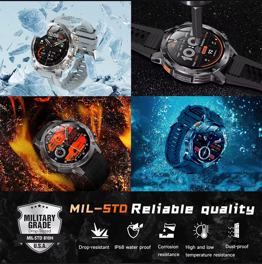 TAVYU Militärische Smartwatch für Herren in Schwarz mit 1,7 Zoll AMOLED-Bildschirm, GPS, NFC, Anruffunktion und 1000 mAh Akku, 5ATM wasserdicht - Bild 3