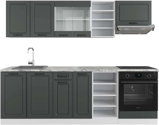 Vicco R-Line Küchenzeile Landhausstil in Anthrazit und Weiß mit Marmor-Optik, Breite: 240 cm - Bild 1