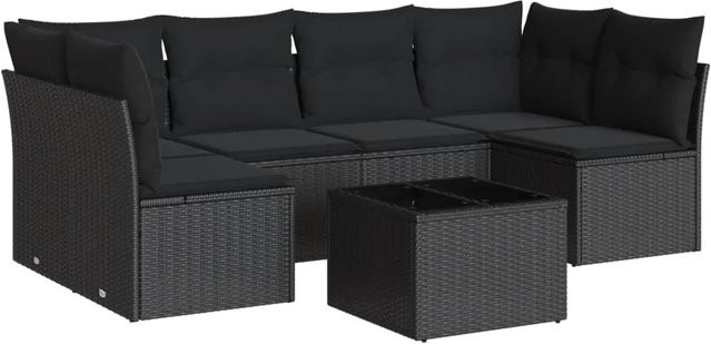 vidaXL 7-tlg Garten-Sofagarnitur aus Poly-Rattan mit Kissen in Schwarz - Bild 1