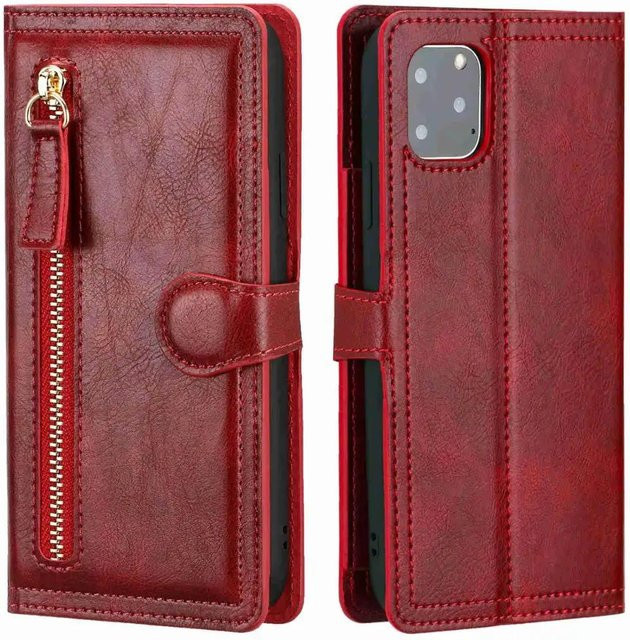 Leder Klapp-Portemonnaie Hülle mit Reißverschluss und Kartenhalter für iPhone 11 bis iPhone 16 Pro Max in Rot - Bild 1