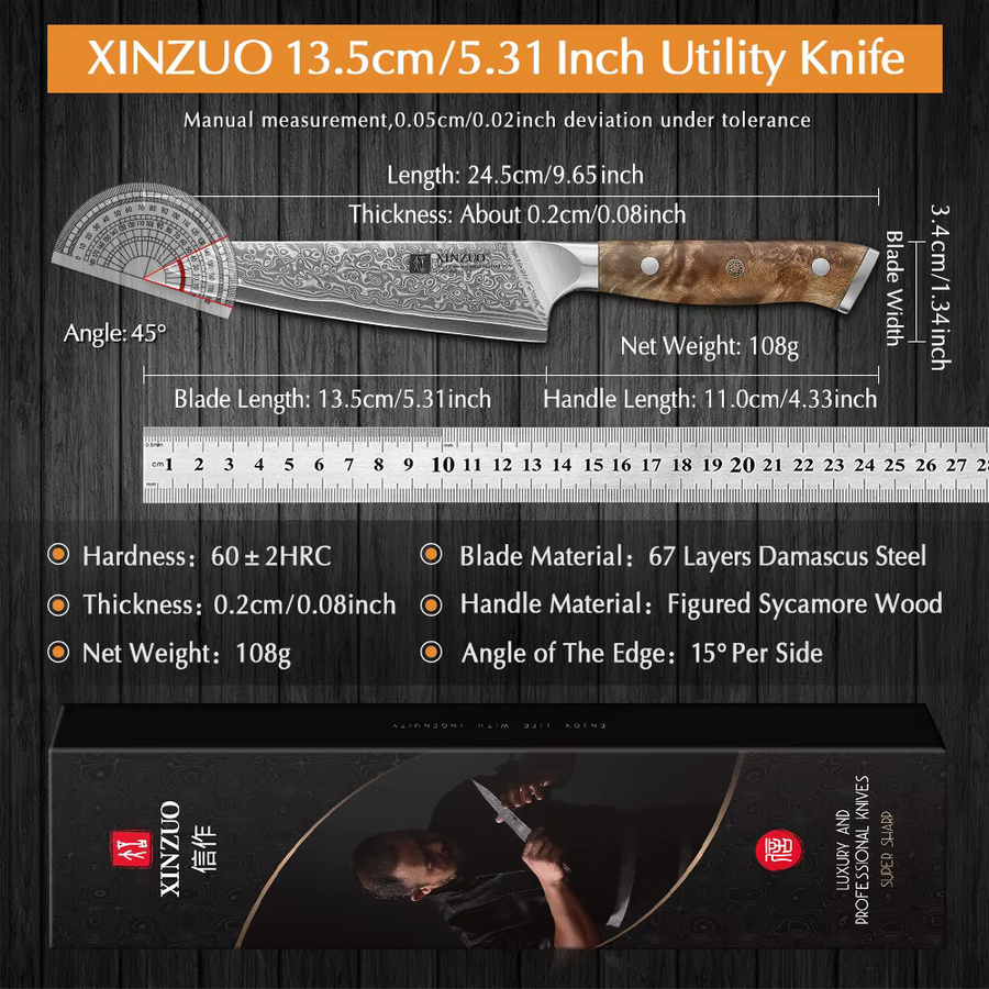 XINZUO Allzweckmesser aus 67-lagigem Damaststahl mit 10Cr15CoMoV Kern und Holzgriff in Silber - Bild 2