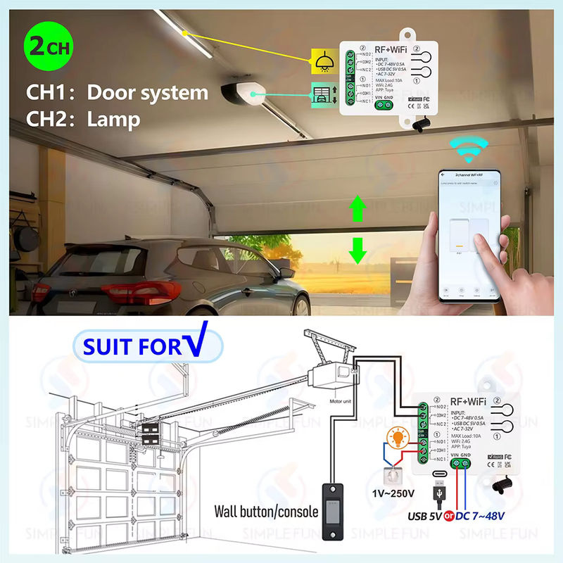 Tuya WiFi RF433MHz Motor Fernbedienung Schalter mit 2 Kanälen für Garagentoröffner und Motoren, kompatibel mit Alexa und Google Home, DC 12V/24V - Bild 3
