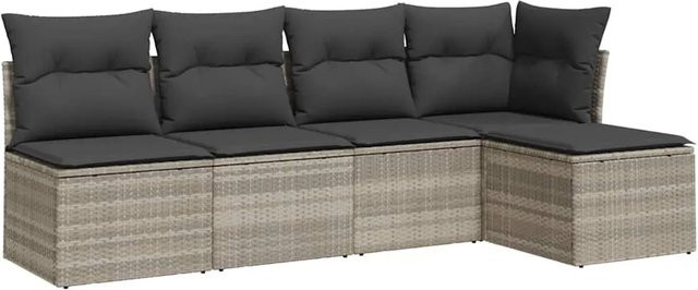 vidaXL 5-tlg. Garten-Sofagarnitur in L-Form mit Kissen und Ottoman, Hellgrau, Poly-Rattan mit Metallgestell - Bild 1