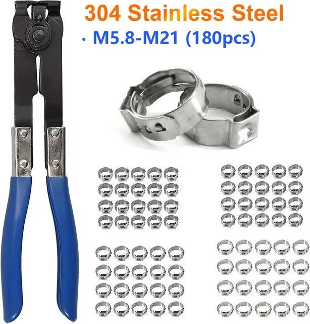 JH ZPXH Einohr-Schlauchschellen Set aus 304 Edelstahl in Silber, 180 Stück mit Crimper-Werkzeug, Durchmesser: 5,8–21 mm - Bild 1