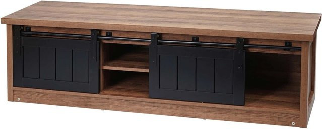 MCW TV-Rack K75 Fernsehtisch im Industrial Design mit Schiebetüren aus Holz-Optik und Metall, Braun, B: 150 cm, T: 40 cm, H: 43 cm - Bild 2