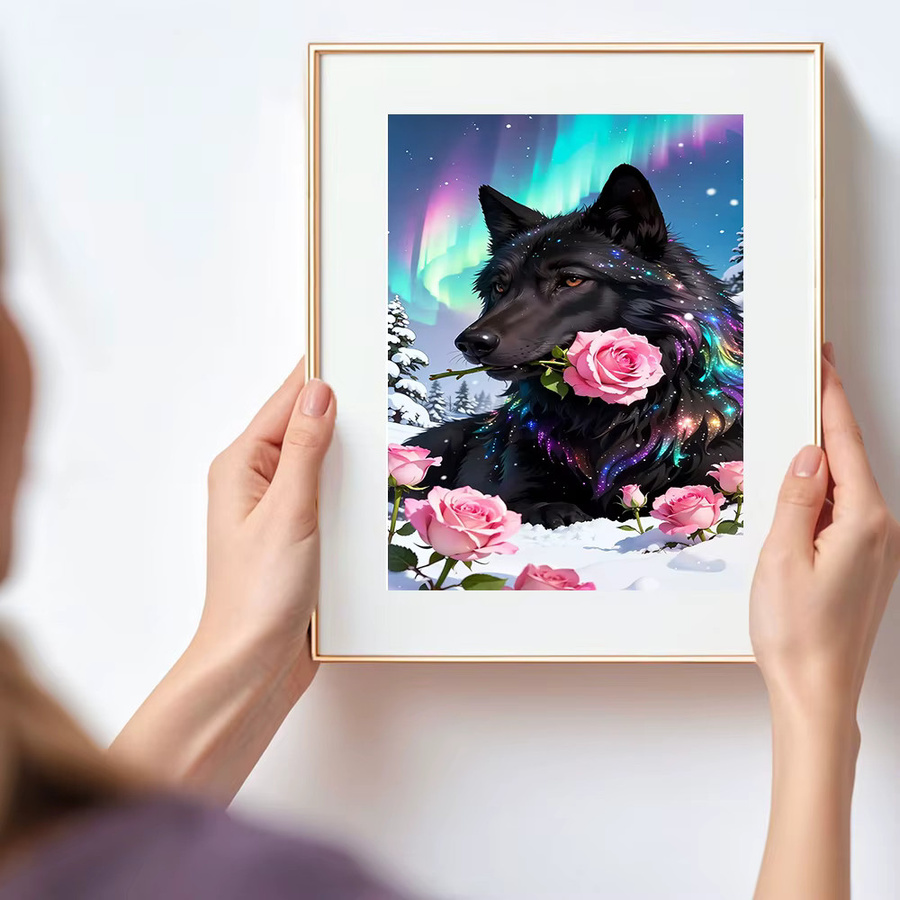 Huacan Volldiamantgemälde Wolf und Rosen als Diamantmosaik in Mehrfarbig, B/H: 30,0 x 20,0 cm - Bild 3
