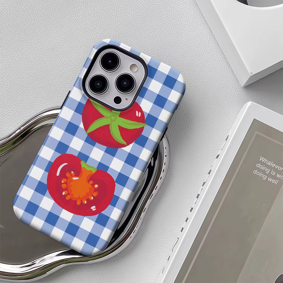 Blau karierte Handyhülle mit Tomaten-Design für Apple iPhone 17 16 15 14 13 12 Pro Max Plus mit doppelschichtiger Rückseite - Bild 4