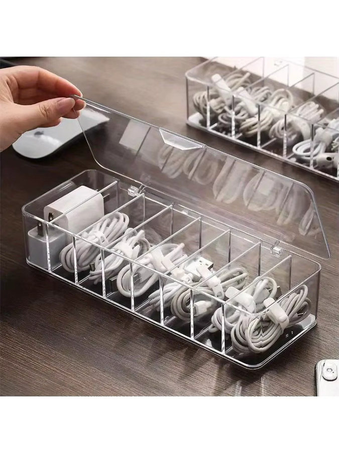 Multifunktionaler Schreibtisch-Organizer aus transparentem Kunststoff mit mehreren Fächern für Kopfhörer und Datenkabel - Bild 6