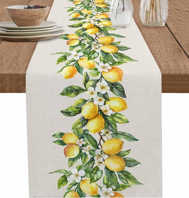 JINGYUE Pet Tischläufer aus Leinen mit Sommer Zitrone und Blumenmuster in Beige, B/L: 150 x 33 cm - Bild 1