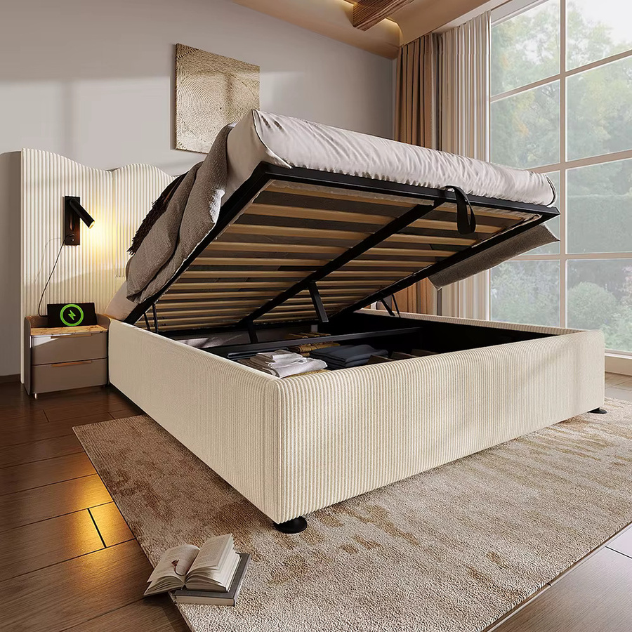 KOMHTOM Polsterbett aus Cordstoff in Beige mit integrierter Leselampe, USB Type-C Ladefunktion und Stauraum durch Lift-up-Funktion, B/T: 180 x 200 cm - Bild 2