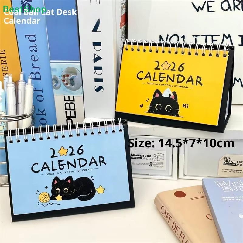KOQZM Tischkalender 2026 Kohleball-Kätzchen in Schwarz und Blau mit monatlicher Planung und Katzenillustrationen - Bild 2