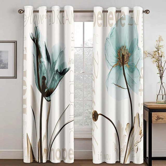 2er-Set halbtransparente Vorhänge mit Lotusdruck in Weiß, Fensterdekoration mit Stangentasche und Haken, B/H: 25 x 60 cm - Bild 1