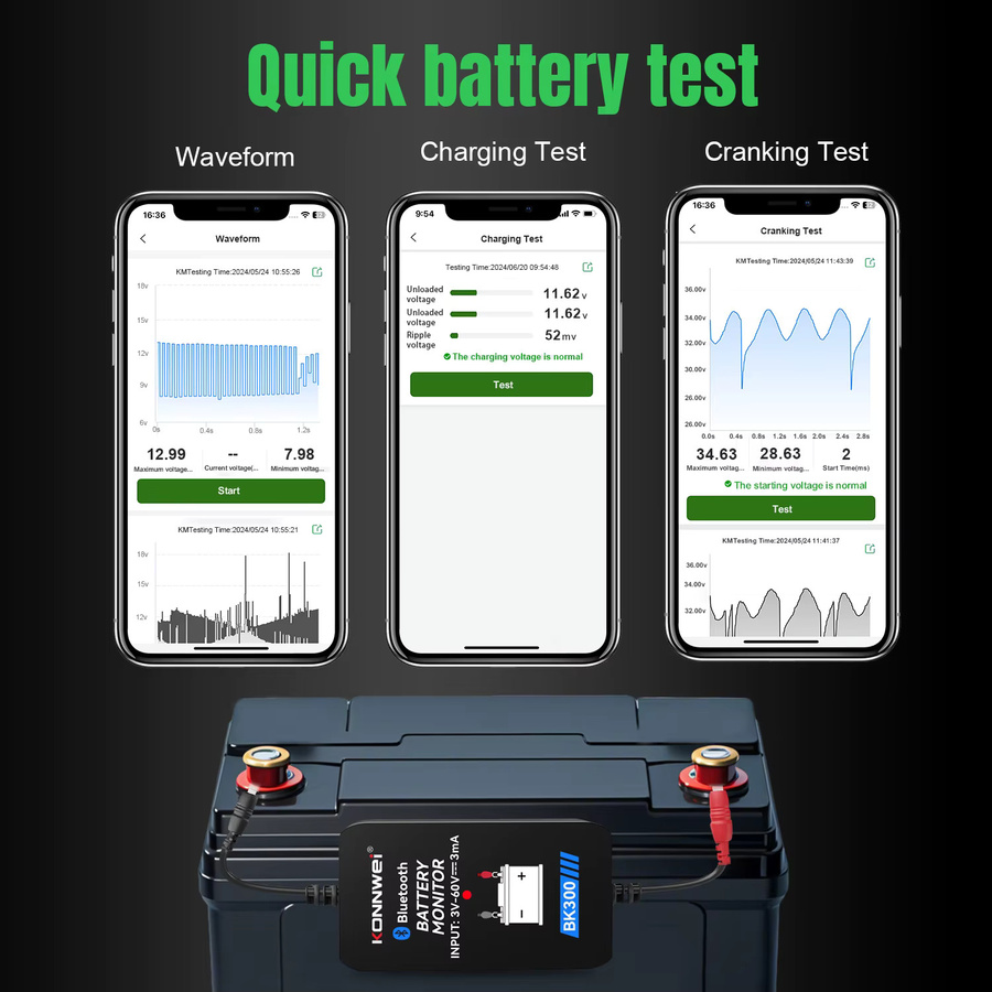Konnwei BK300 Bluetooth Batterie Monitor für 12V und 24V, Wellenform Batterie Tester in Schwarz - Bild 4