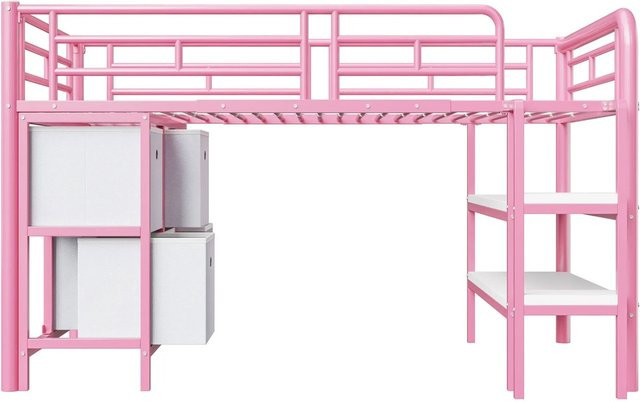 Merax Hochbett für Kinder in Rosa und Weiß mit Treppe und Stauraum aus Metall und MDF, B/T/H: 90 x 200 x 150 cm - Bild 1