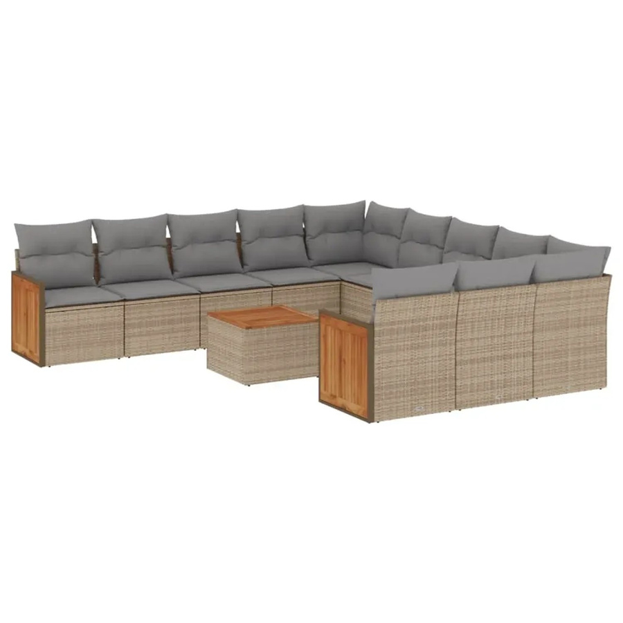 vidaXL 12-teilige Garten-Sofagarnitur aus Poly-Rattan und Akazienholz in Beige mit Kissen - Bild 2