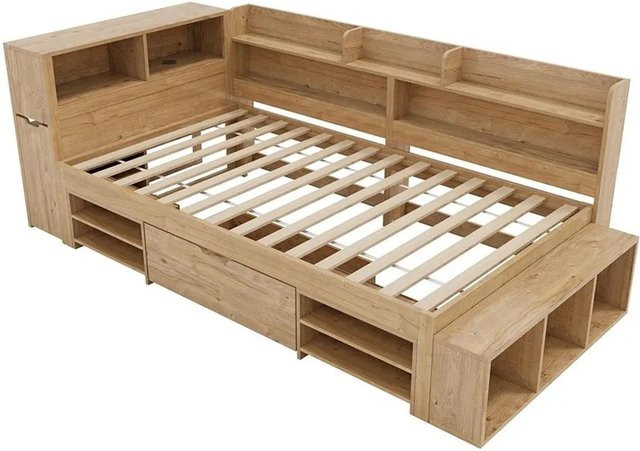 KOMHTOM Kinderbett aus Massivholz mit Stauraum und Schubladen, Farbe Natur, B/H: 90 x 200 cm - Bild 1
