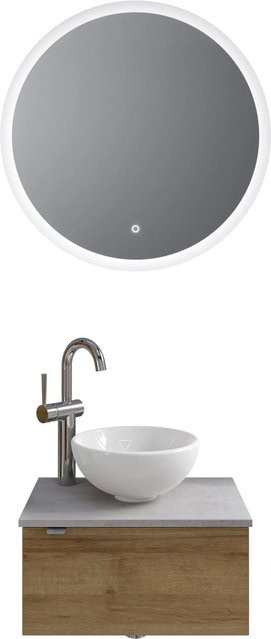 Pelipal Badmöbel-Set Serie 6915 Riviera Eiche-Oxid Hellgrau mit Keramik Aufsatzbecken, Waschtischunterschrank und Funktionsspiegel mit LED-Beleuchtung und Sensor-Schalter - Bild 1