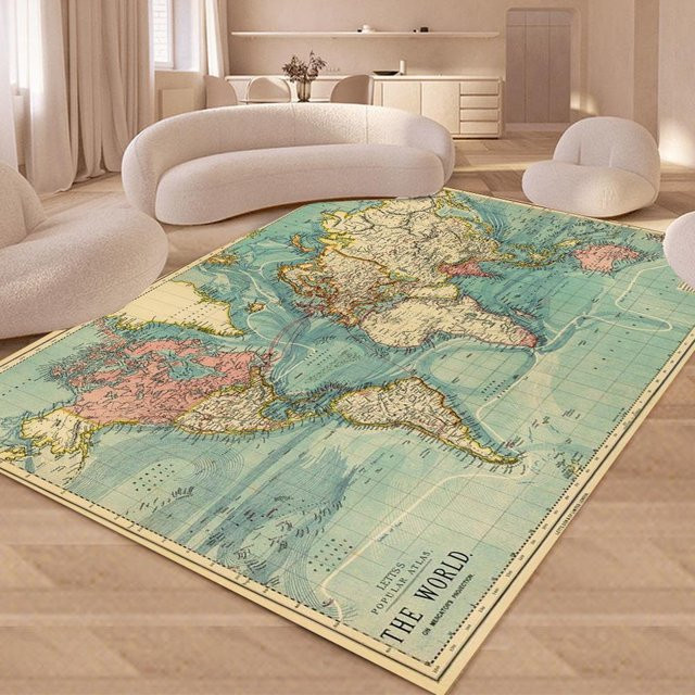 Vintage Landkarten Teppich mit Retro Welt Design von Lodestar, weiche Bodenmatte aus Polyester, Mehrfarbig, B/T: 80 x 50 cm - Bild 1