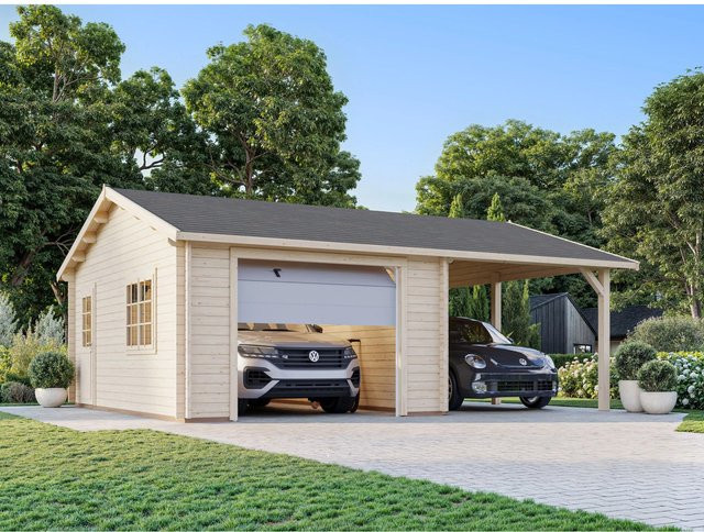 Palmako Garage Roger aus Fichtenholz mit Sektionaltor und Satteldach, Grau, B/T/H: 703 x 619 x 316 cm - Bild 1