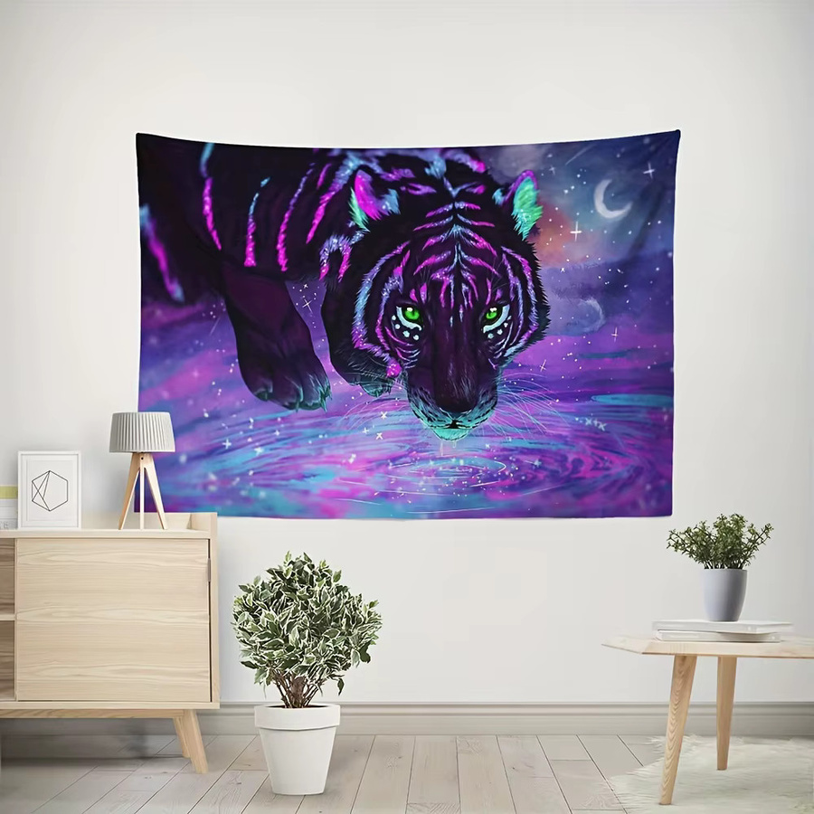 VIKAMA Wandteppich Trinkender Tiger mit Sternenhimmel und Halbmond, Mehrfarbig, Breite: 60 cm, Höhe: 40 cm - Bild 3