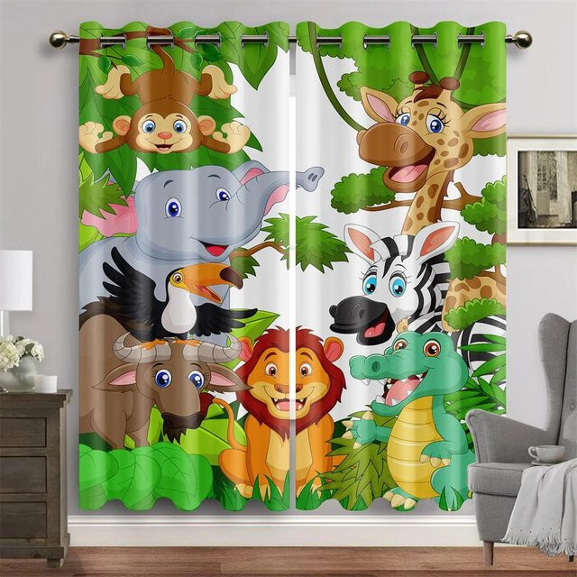 Yiran Furniture Safari Tiere Cartoon Dschungel Vorhänge aus Polyester, 2er-Set, Mehrfarbig, Breite: 65 cm, Höhe: 60 cm - Bild 1