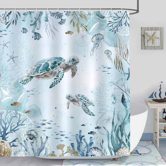 Bonhause Duschvorhang mit Meeresschildkröten-Motiv in Türkisblau, wasserdichter Polyester-Badvorhang inklusive 12 Haken, B: 300 cm, H: 180 cm - Bild 1
