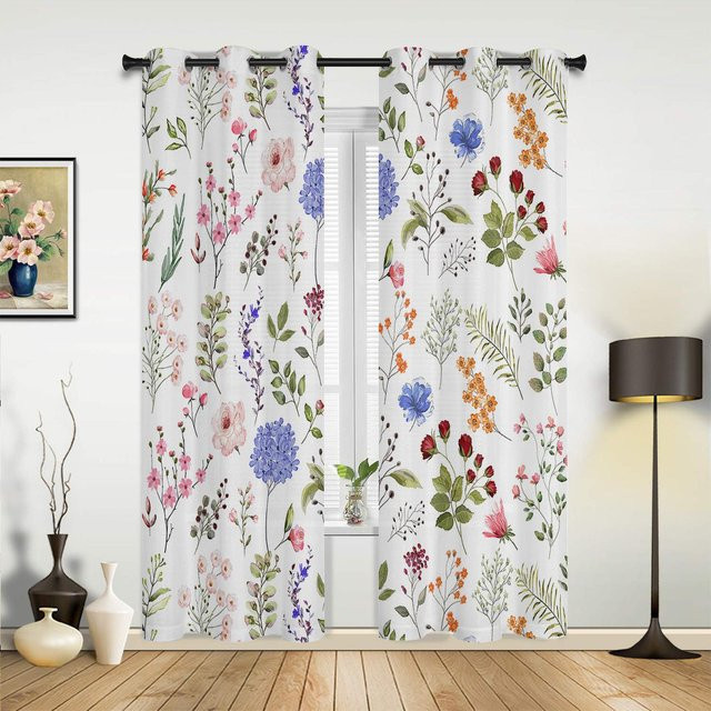 Retro-Vorhänge mit Blumenmuster und Wildblumen von Household supplies MH, halbtransparent, Mehrfarbig, B: 70 cm, H: 100 cm, 2er-Set - Bild 1