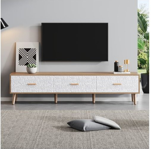 MUVOE TV-Möbel aus Holz in heller Holzfarbe mit weißen texturierten Türpaneelen im Vintage-Stil, B/T/H: 150 x 35 x 39 cm - Bild 1