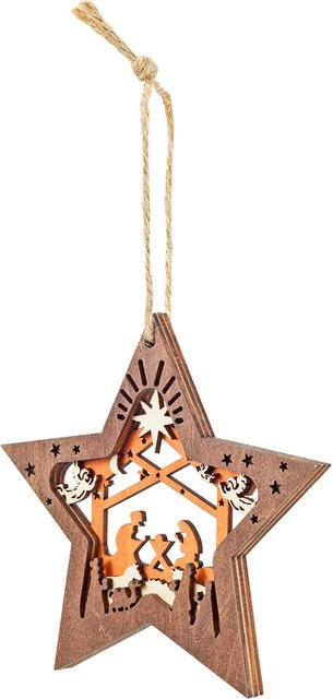Holz-Anhänger Heilige Nacht von St. Benno Verlag in Braun mit Engel- und Sternmotiven - Bild 1