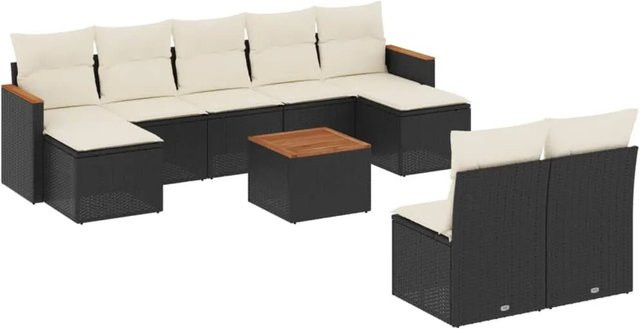 vidaXL 10-tlg. Garten-Sofagarnitur in L-Form aus Poly-Rattan und Metall in Schwarz mit Kissen und Polsterung - Bild 1