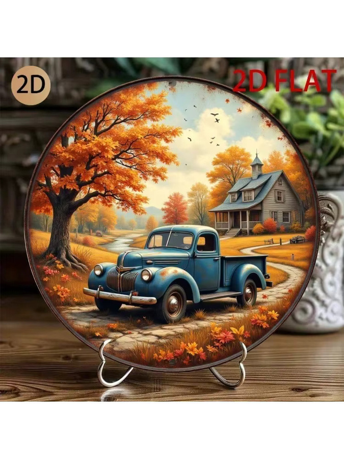 Vintage Blechschild Wanddekoration CIFBUY Rundes Metallschild mit blauem Pickup-Truck und herbstlicher Landschaft, Farbe: Blau und Mehrfarbig, Durchmesser: 20 cm - Bild 5