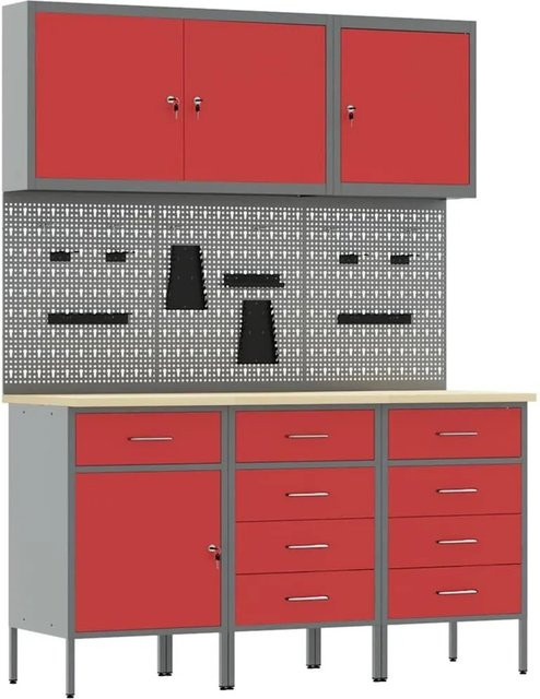 vidaXL Werkbank mit 8 Schubladen und Pegboard aus Holz und Stahl in Rot - Bild 1