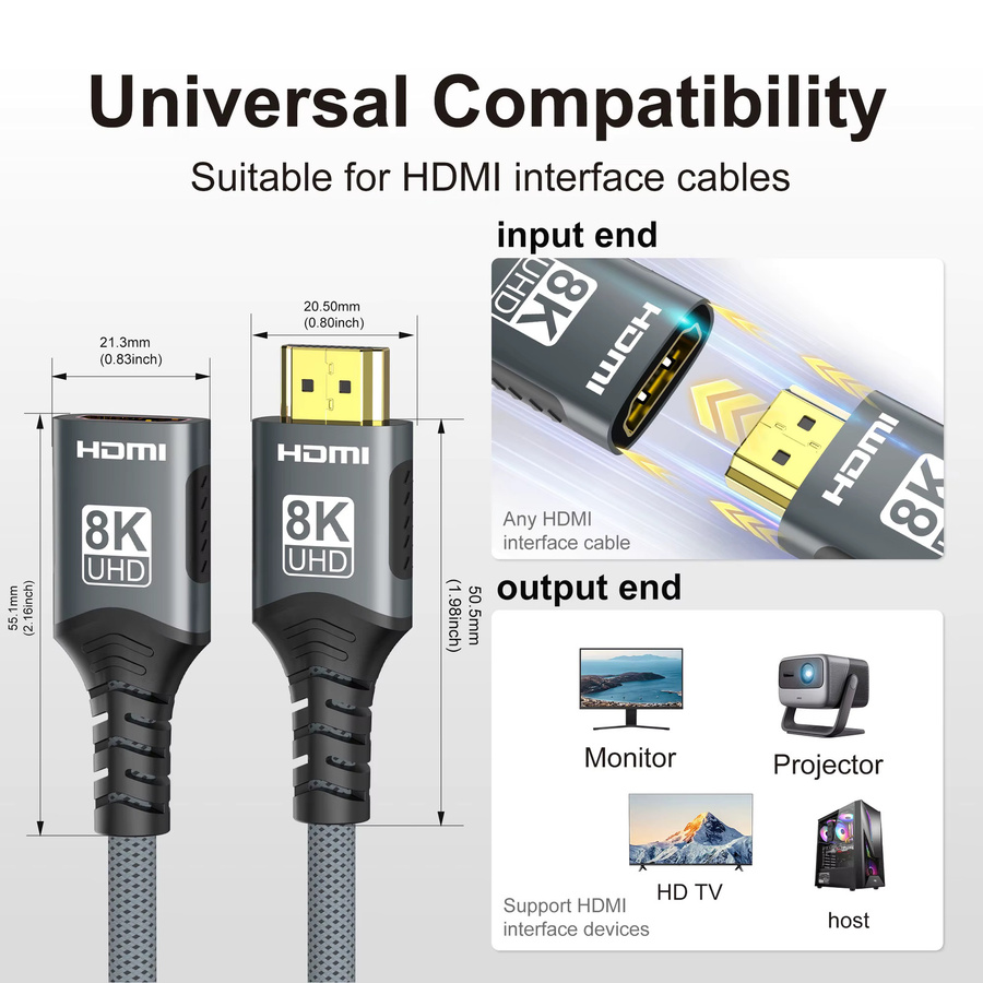 FDBOY HDMI 2.1 Verlängerungskabel Schwarz, 8K 60Hz und 4K 120Hz Extender Stecker auf Buchse für PC, TV und Projektor - Bild 2