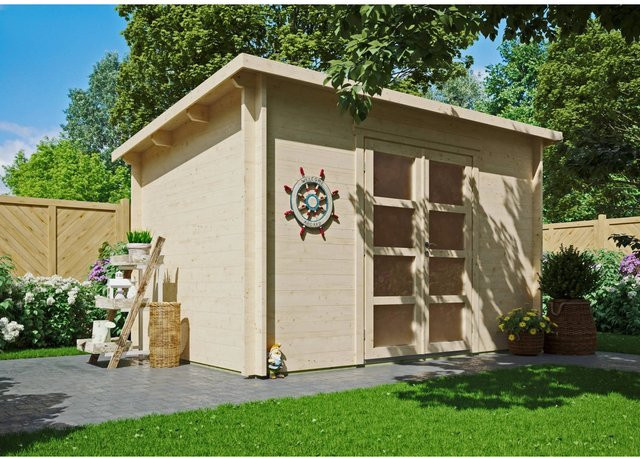Fjordholz Gartenhaus Modell Max 44 E als Blockhaus in Beige mit Vollholz-Tür und Unbehandeltem Holz - Bild 1