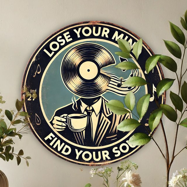 Potdemiel Metallwandschild im Vintage-Stil Lose Your Mind Find Your Soul mit Vinyl-Schallplatte und Kaffee-Motiv, B/H: 20,32 x 20,32 cm, Mehrfarbig - Bild 1