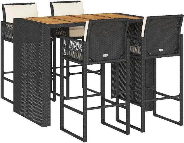 vidaXL 5-tlg. Gartenbar-Set aus Poly-Rattan und Akazienholz in Schwarz mit Kissen - Bild 1