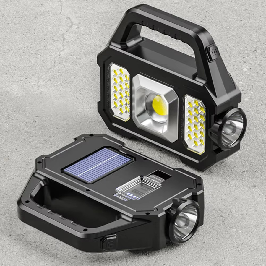 XIWANGFIRE LED/COB Notfall-Taschenlampe mit Solarfunktion und USB-Aufladung, IPX4 wasserdicht, Schwarz - Bild 2