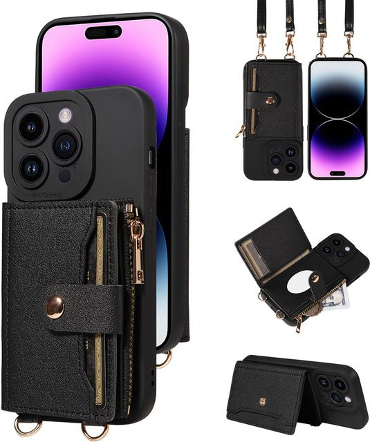 Xiao xiang feng Leder Umhängetasche mit Lanyard als Anti-Fall-Schutzhülle für iPhone 15 Plus, 14, 13, 12, 11, XS in Schwarz - Bild 1
