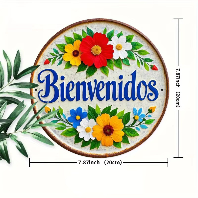 Potdemiel Rundes Metallschild Spanish Flower Welcome in Multicolour, Vintage Wandkunst mit floralem Design, Durchmesser: 19,81 cm - Bild 2