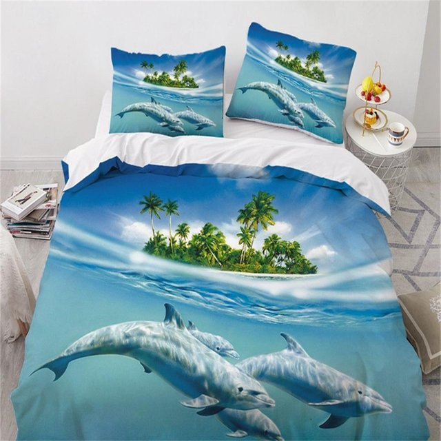 Moderne 3D Bettwäsche mit Delfin-Motiv in Blau, Set aus Bettbezug und Kissenbezug aus Mikrofaser, B/H: 140 x 210 cm - Bild 1
