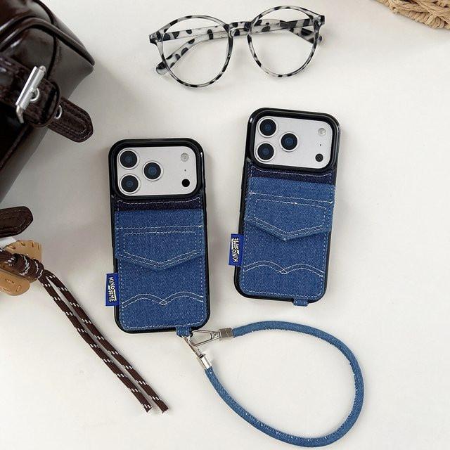 Stoßfeste Retro-Kartenhülle aus Denim-Blau mit Umhängeband für iPhone 17, 16, 15 und 14 Pro Max - Bild 1