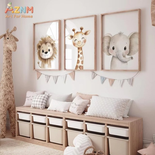 3-teiliges Set ungerahmte Boho Safari Tier-Leinwanddrucke von Potdemiel mit Aquarell Dschungeltieren in Mehrfarbig für die Kinderzimmer-Deko - Bild 1