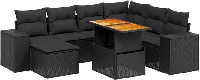 vidaXL 8-teilige Garten-Sofagarnitur in L-Form aus schwarzem Poly-Rattan mit Kissen und pulverbeschichtetem Stahlrahmen - Bild 1