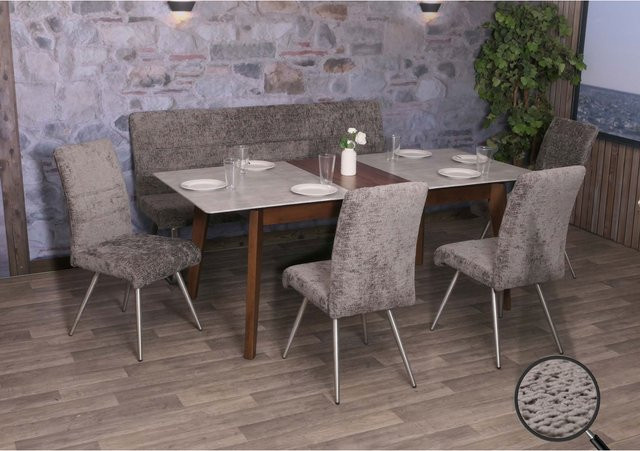 Esszimmer-Set MCW-G55 mit 4 Stühlen und einer 180 cm Sitzbank aus Chenille-Stoff in Dunkelgrau und gebürstetem Edelstahl - Bild 1