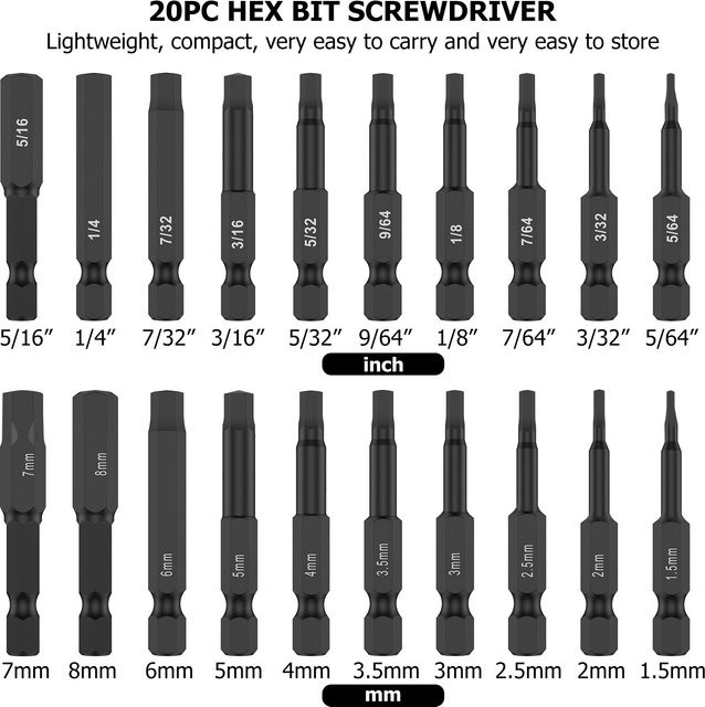 Toorise 20er Set Hex Inbusschlüssel Bohrmaschinen Bits aus S2 Stahl in Schwarz mit 1/4 Zoll Anschluss und magnetischen Spitzen - Bild 1